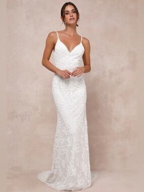 NWT White Sequin Beaded Open Back Wedding Formal Dress XS
